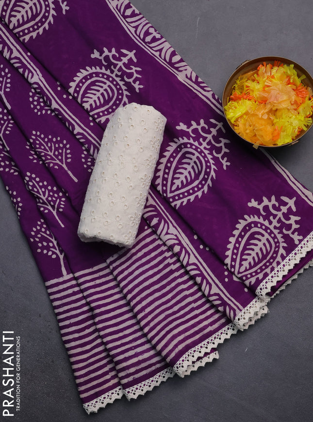 Semi pashmina silk saree purple and cream with allover tree butta prints and crocia lace work border