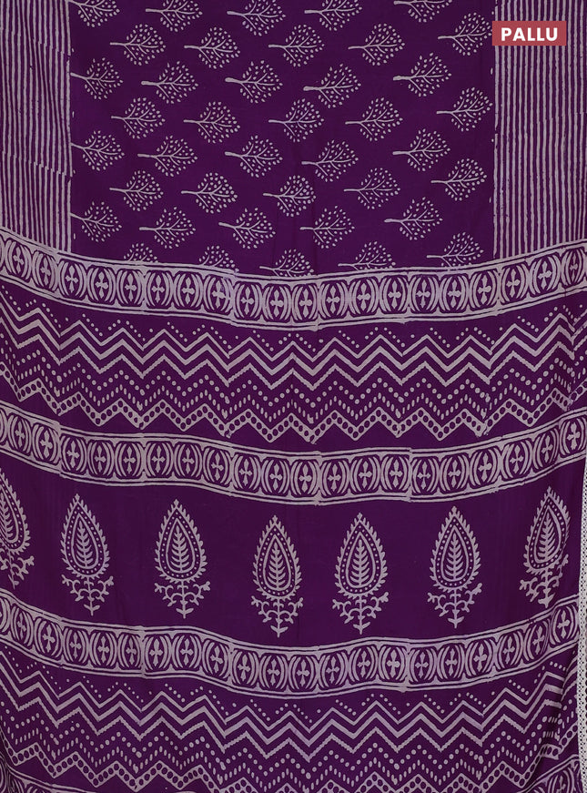 Semi pashmina silk saree purple and cream with allover tree butta prints and crocia lace work border
