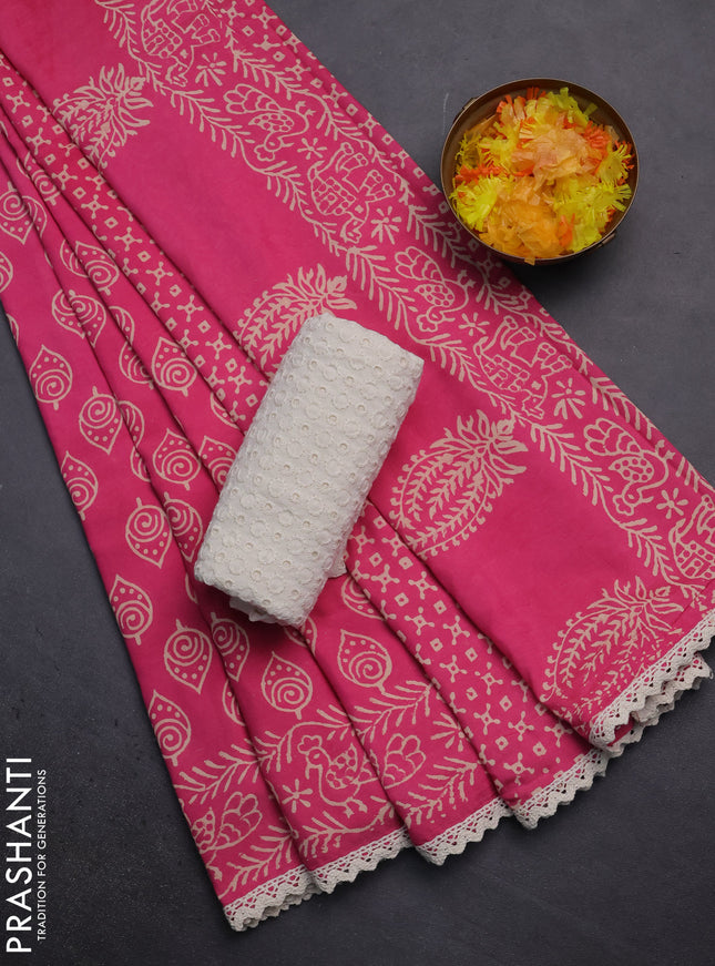 Semi pashmina silk saree pink and cream with allover butta prints and crocia lace work border