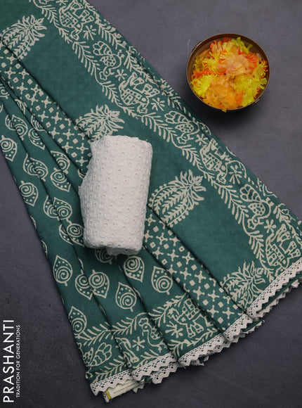 Semi pashmina silk saree teal green shade and cream with allover butta prints and crocia lace work border