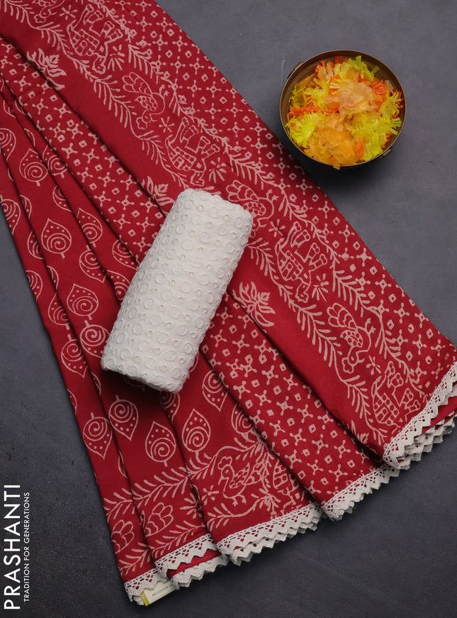 Semi pashmina silk saree maroon and cream with allover butta prints and crocia lace work border