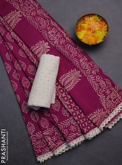 Semi pashmina silk saree purple and cream with allover butta prints and crocia lace work border