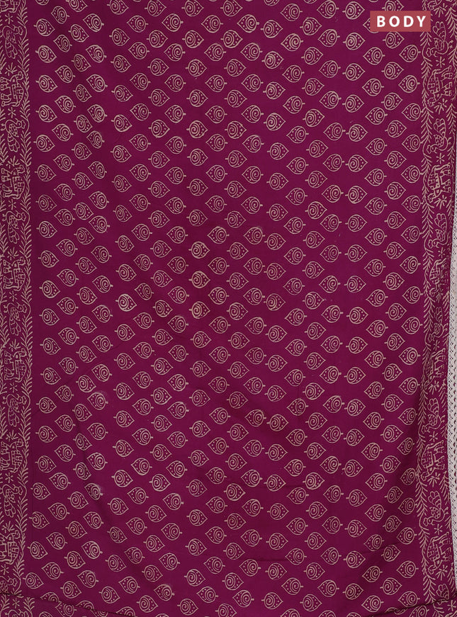 Semi pashmina silk saree purple and cream with allover butta prints and crocia lace work border
