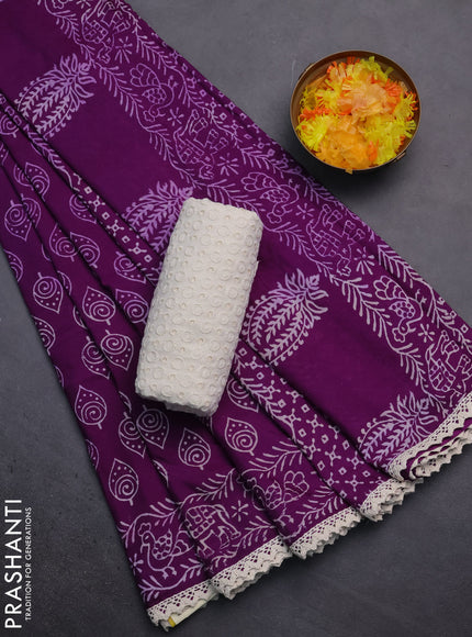 Semi pashmina silk saree violet and cream with allover butta prints and crocia lace work border