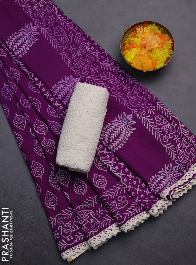Semi pashmina silk saree violet and cream with allover butta prints and crocia lace work border
