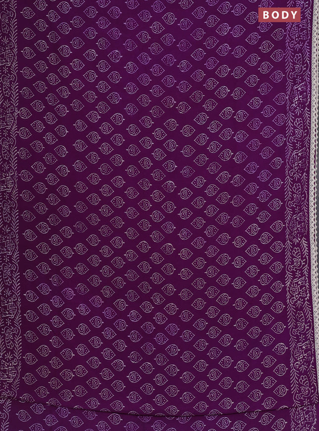 Semi pashmina silk saree violet and cream with allover butta prints and crocia lace work border