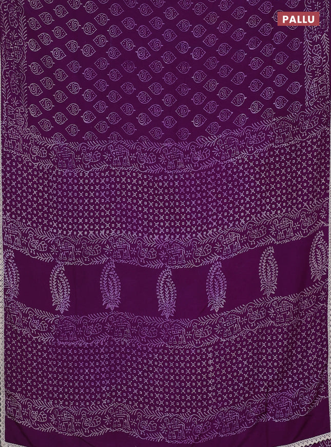 Semi pashmina silk saree violet and cream with allover butta prints and crocia lace work border