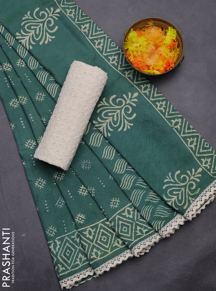 Semi pashmina silk saree green and cream with allover butta prints and crocia lace work border