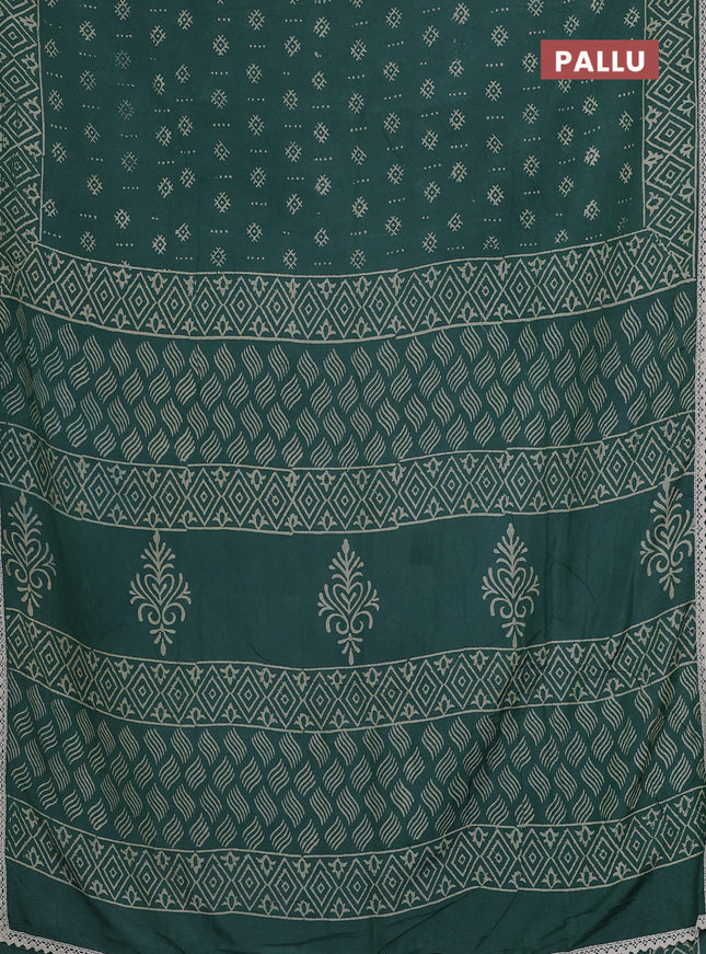 Semi pashmina silk saree green and cream with allover butta prints and crocia lace work border