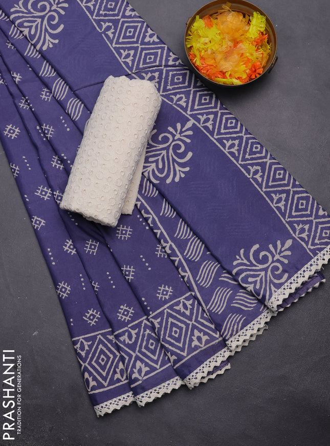 Semi pashmina silk saree blue shade and cream with allover butta prints and crocia lace work border
