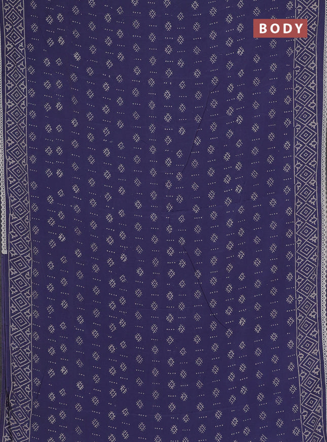 Semi pashmina silk saree blue shade and cream with allover butta prints and crocia lace work border