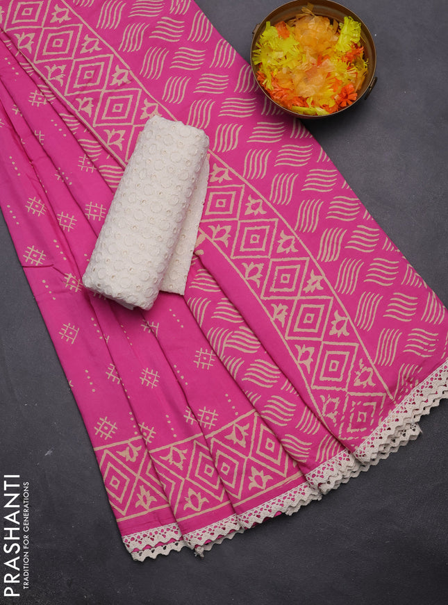 Semi pashmina silk saree pink and cream with allover butta prints and crocia lace work border