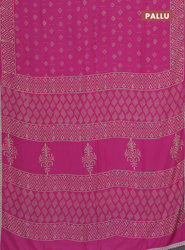 Semi pashmina silk saree pink and cream with allover butta prints and crocia lace work border