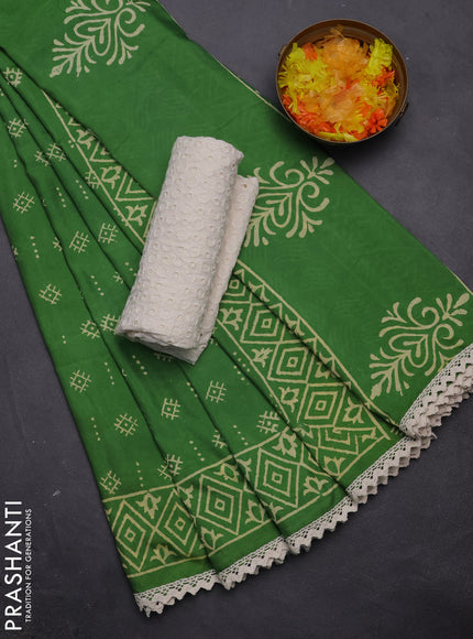 Semi pashmina silk saree green and cream with allover butta prints and crocia lace work border