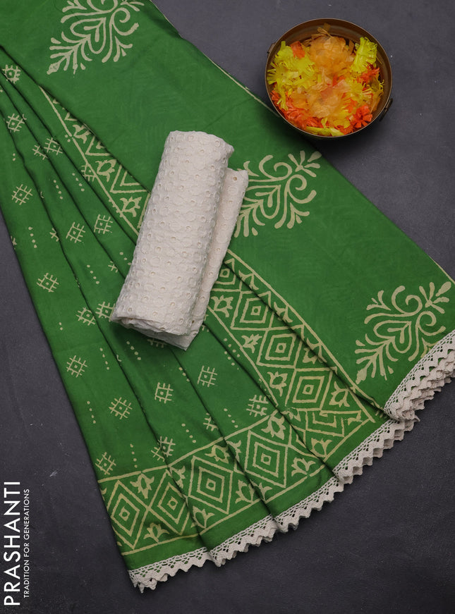 Semi pashmina silk saree green and cream with allover butta prints and crocia lace work border
