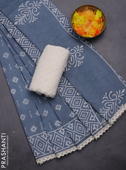 Semi pashmina silk saree grey and cream with allover butta prints and crocia lace work border