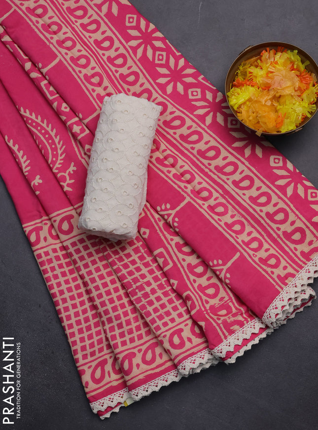 Semi pashmina silk saree pink and cream with butta prints and long printed crocia lace work border