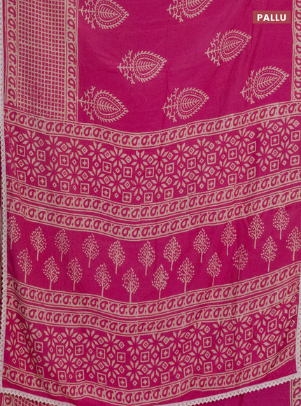 Semi pashmina silk saree pink and cream with butta prints and long printed crocia lace work border