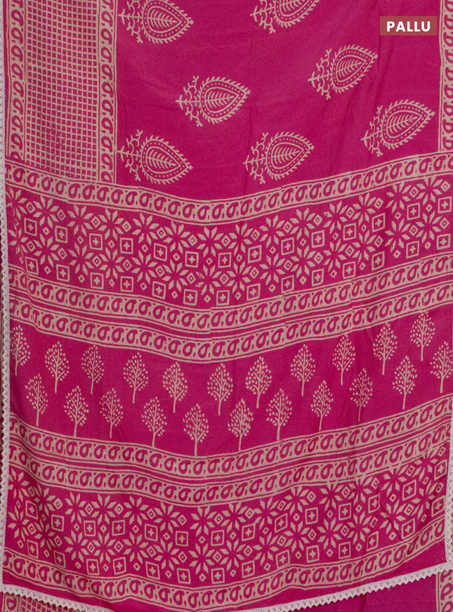 Semi pashmina silk saree pink and cream with butta prints and long printed crocia lace work border
