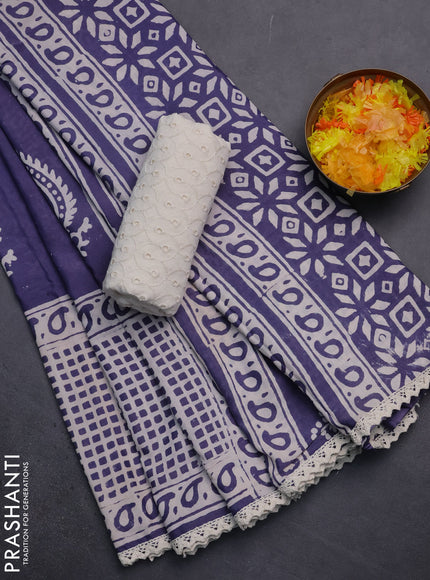 Semi pashmina silk saree blue shade and cream with butta prints and long printed crocia lace work border