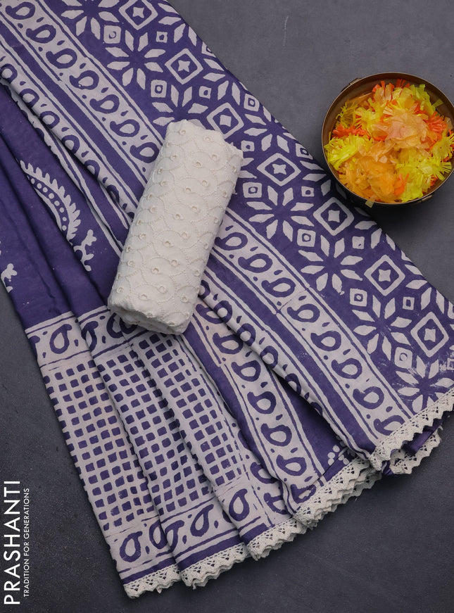 Semi pashmina silk saree blue shade and cream with butta prints and long printed crocia lace work border