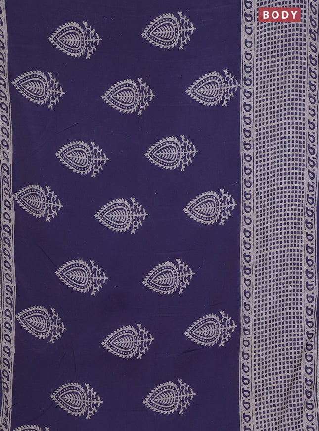 Semi pashmina silk saree blue shade and cream with butta prints and long printed crocia lace work border