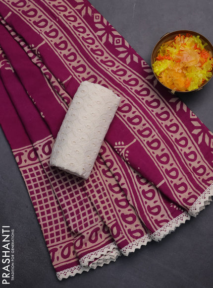 Semi pashmina silk saree purple and cream with butta prints and long printed crocia lace work border