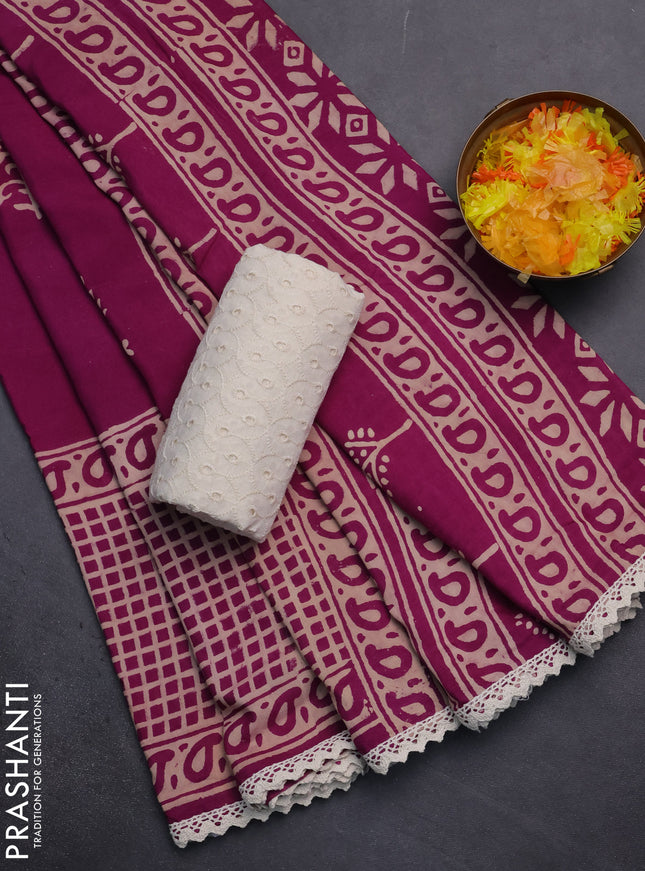 Semi pashmina silk saree purple and cream with butta prints and long printed crocia lace work border