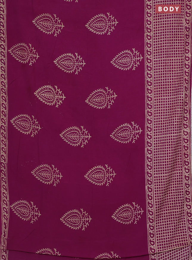 Semi pashmina silk saree purple and cream with butta prints and long printed crocia lace work border