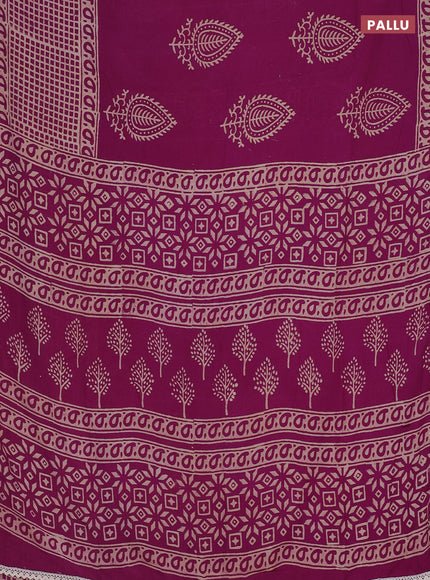 Semi pashmina silk saree purple and cream with butta prints and long printed crocia lace work border