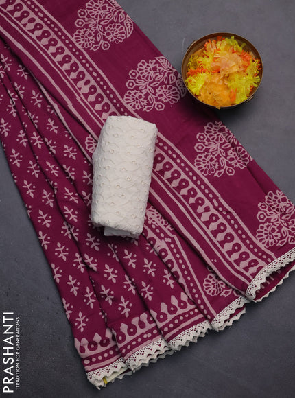 Semi pashmina silk saree purple and cream with butta prints and crocia lace work border