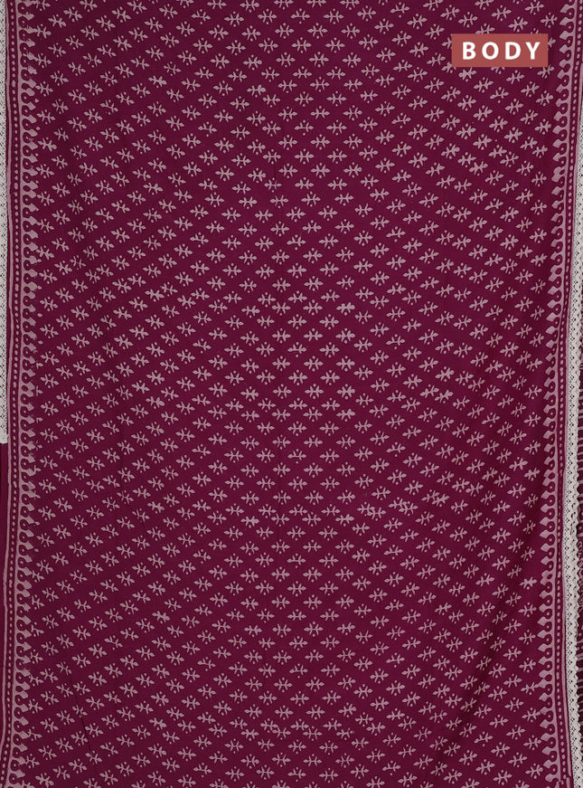 Semi pashmina silk saree purple and cream with butta prints and crocia lace work border