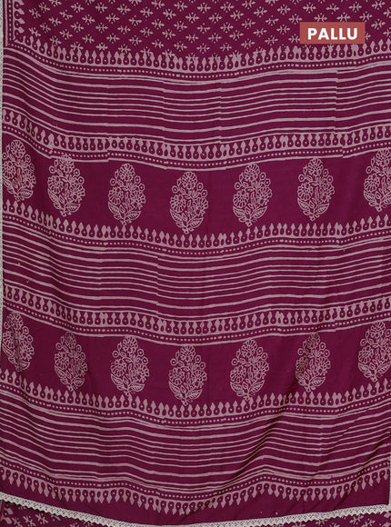 Semi pashmina silk saree purple and cream with butta prints and crocia lace work border
