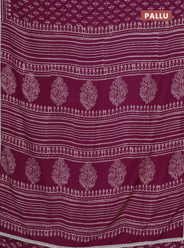 Semi pashmina silk saree purple and cream with butta prints and crocia lace work border