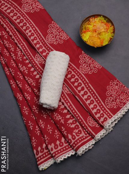 Semi pashmina silk saree red and cream with butta prints and crocia lace work border