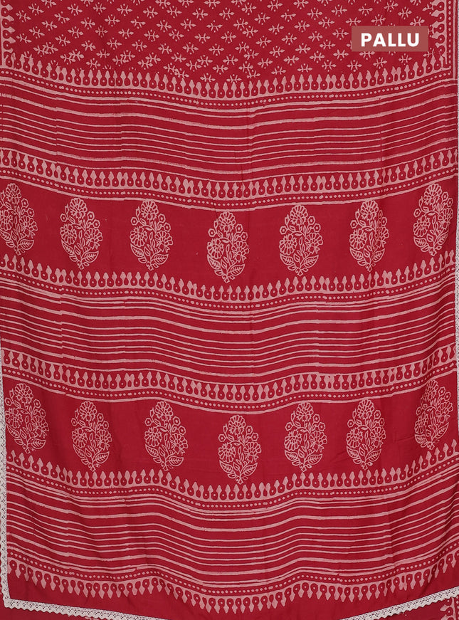 Semi pashmina silk saree red and cream with butta prints and crocia lace work border