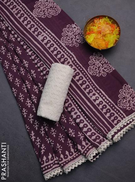 Semi pashmina silk saree deep wine shade and cream with butta prints and crocia lace work border