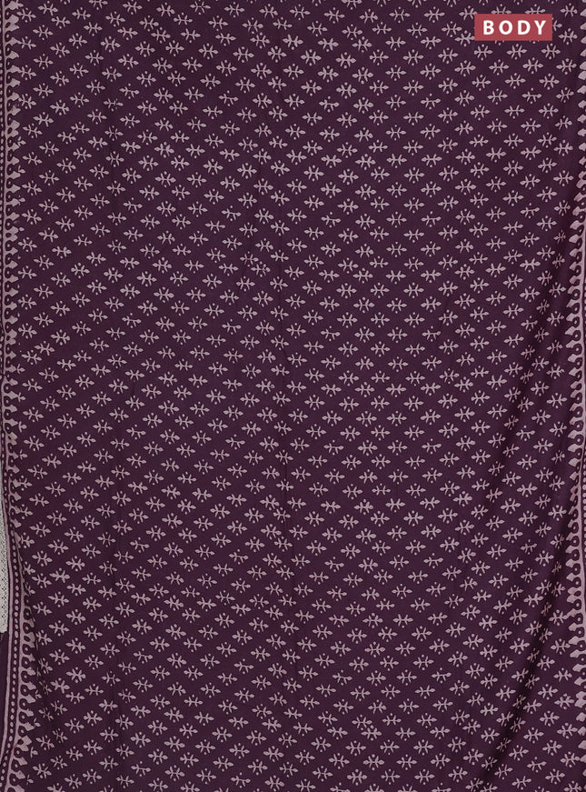 Semi pashmina silk saree deep wine shade and cream with butta prints and crocia lace work border