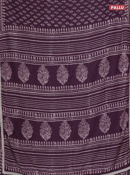 Semi pashmina silk saree deep wine shade and cream with butta prints and crocia lace work border