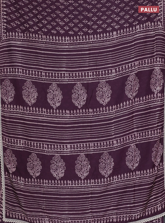 Semi pashmina silk saree deep wine shade and cream with butta prints and crocia lace work border