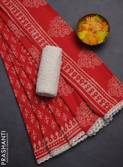 Semi pashmina silk saree red and cream with butta prints and crocia lace work border