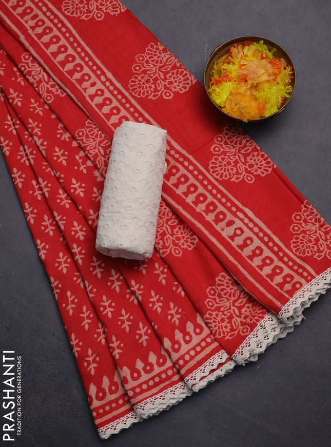 Semi pashmina silk saree red and cream with butta prints and crocia lace work border