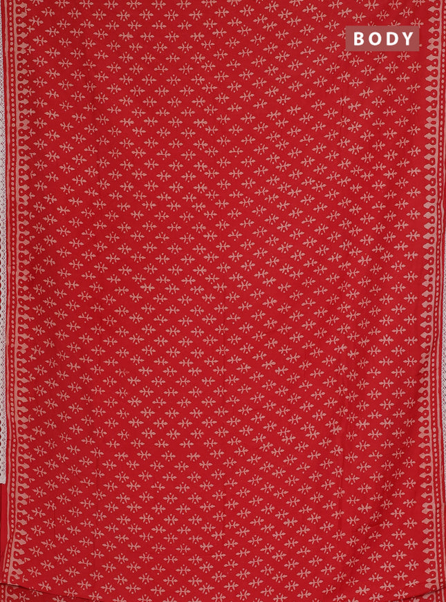 Semi pashmina silk saree red and cream with butta prints and crocia lace work border