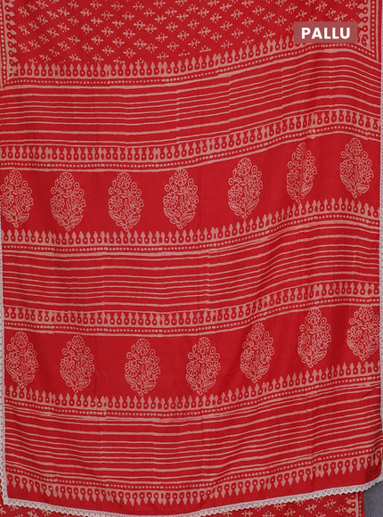 Semi pashmina silk saree red and cream with butta prints and crocia lace work border