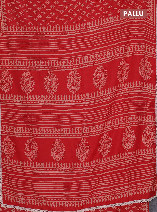 Semi pashmina silk saree red and cream with butta prints and crocia lace work border