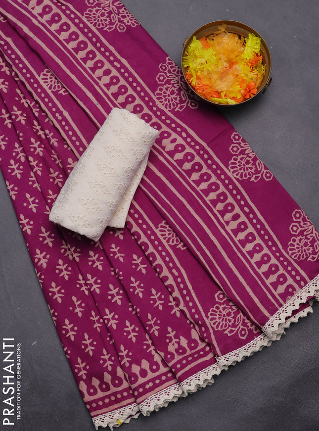 Semi pashmina silk saree purple and cream with butta prints and crocia lace work border