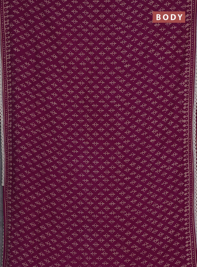 Semi pashmina silk saree purple and cream with butta prints and crocia lace work border