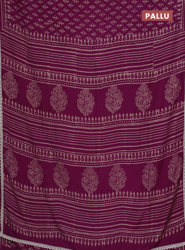 Semi pashmina silk saree purple and cream with butta prints and crocia lace work border