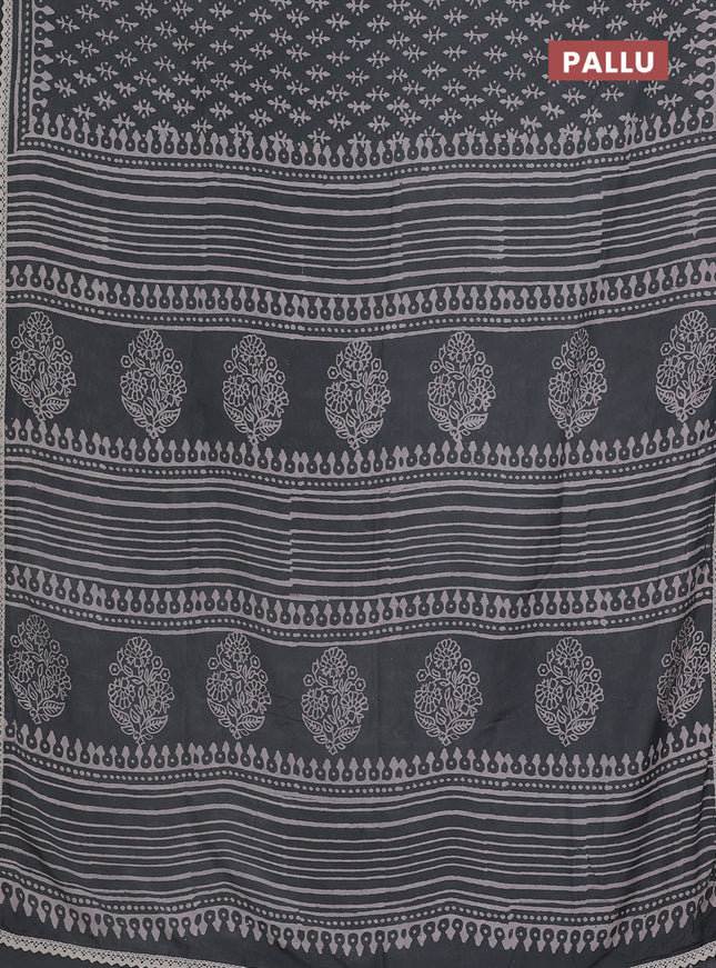 Semi pashmina silk saree grey and cream with butta prints and crocia lace work border