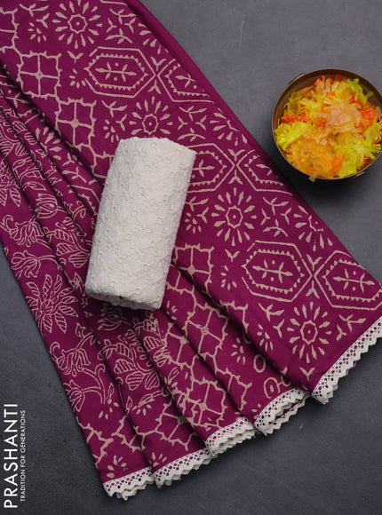 Semi pashmina silk saree pueple and cream with allover prints and crocia lace work border